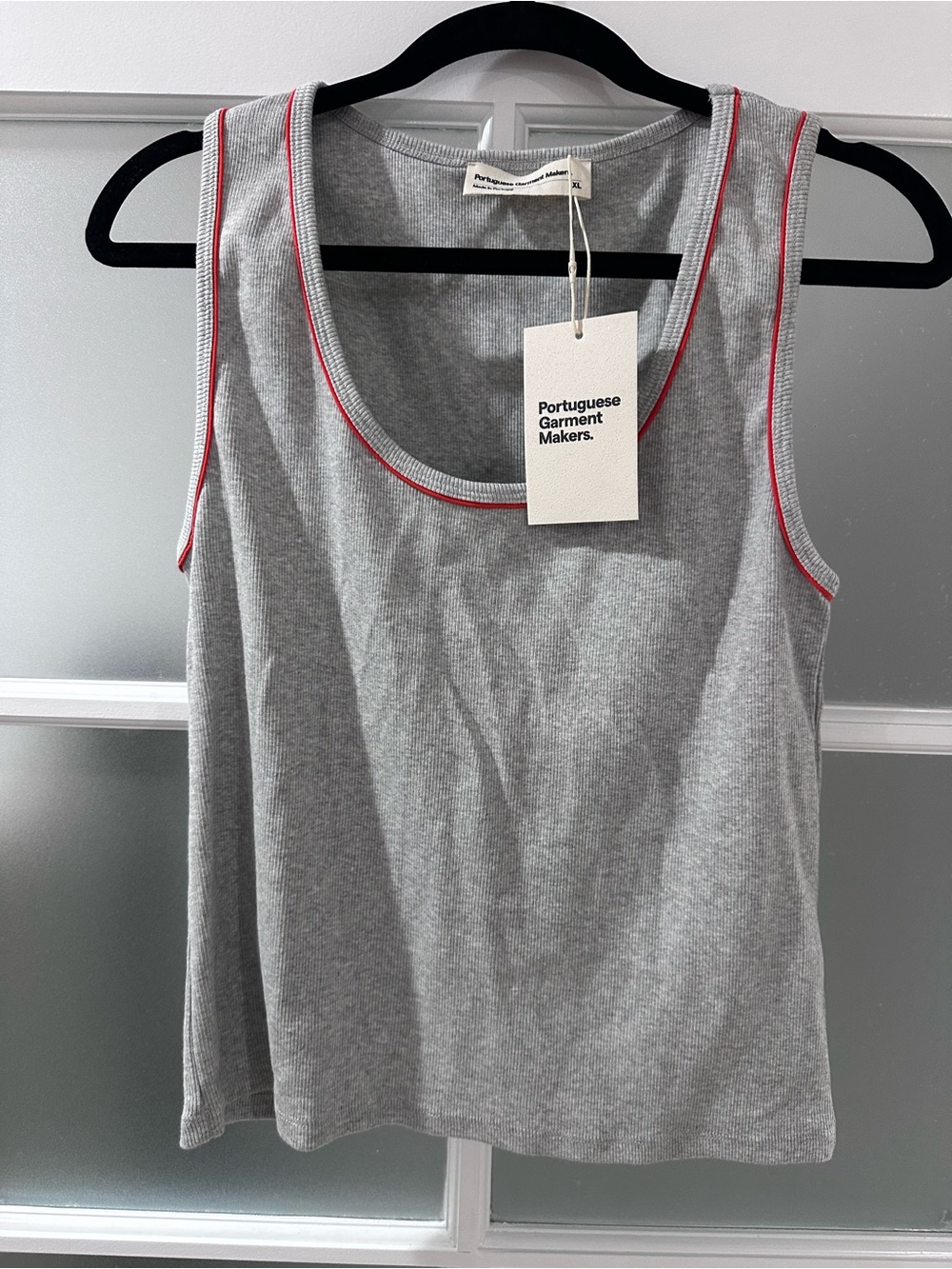 Portuguese Garment Makers Rose Gray Ribbed Tank Top Red Trim XL NWT